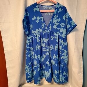 SHEIN Blue Floral V-Neck Mini Dress